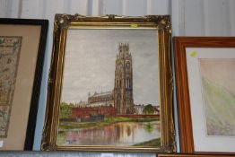 E. Cunnington, oil on canvas scene of a church by