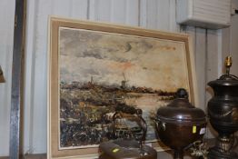 Oil on canvas depicting a river scene with windmil