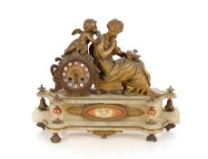 A 19th Century marble and gilt metal mantel clock, decorated with a maiden and cherub