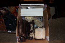 A box of vintage night dresses, handbags, sheep sk