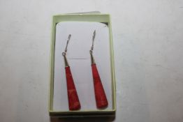A pair of long drop Sterling silver and coral ear
