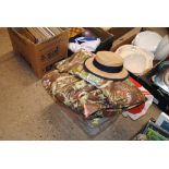 A box of various fabrics, curtains, sewing items e