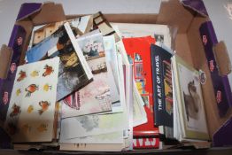 A box containing stamps, stamp albums and post-car
