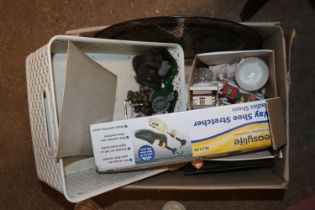 A box of miscellaneous sundries including a brass
