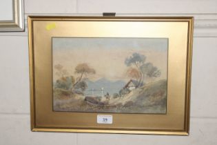 B.M. Scott, watercolour study scene with figure on