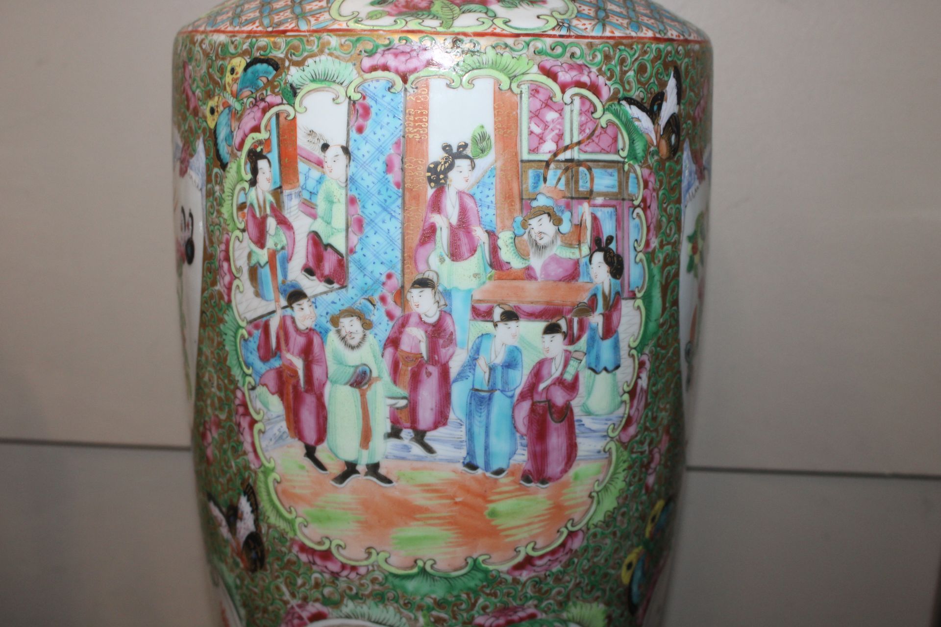 A 19th Century Canton baluster vase decorated in the traditional palette with figures birds and - Image 7 of 17