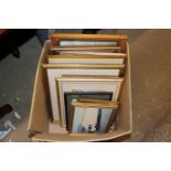 A box of miscellaneous framed pictures