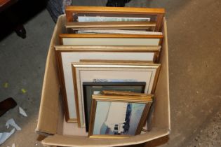 A box of miscellaneous framed pictures