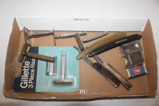 A tray of vintage razors to include two cut-throat