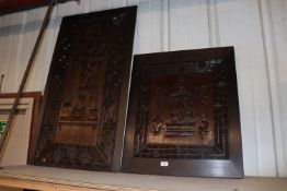 A large Chinese carved hardwood panel decorated fl
