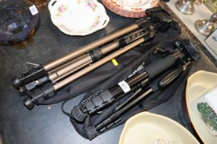 Two camera tripods and carrying bags