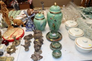 Two large bird decorated pottery vases and various