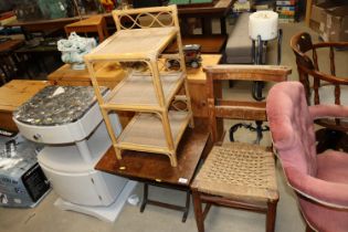 A string seated chapel chair, a bamboo three tier