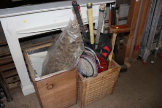 A hardwood storage crate and contents of various b