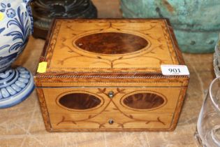A 19th Century satin wood and inlaid sewing box with drawer to base