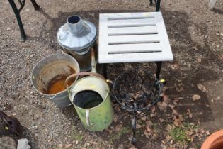 A small garden incinerator, a galvanized bucket, g