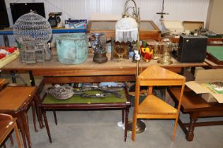 A teak two tier corner shelf, a lamp with fringed