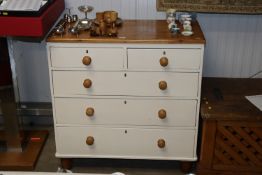 A part painted pine chest of two short and three l