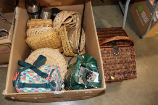 A quantity of wicker baskets, rag rug etc