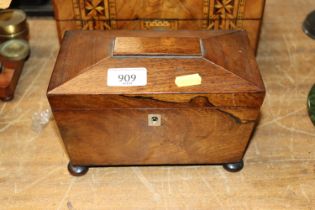 A Victorian rosewood sarcophagus shaped two compartment tea caddy