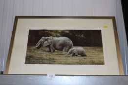 A pencil signed photographic print of elephants
