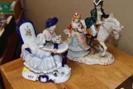 A Continental porcelain figure group of a lady in crinoline dress and gallant on a horse and a
