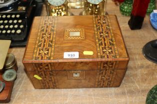 A Victorian walnut and Tonbridge ware type inlaid sewing box and some accessories