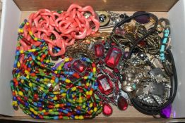 A box of costume jewellery to include bead necklac