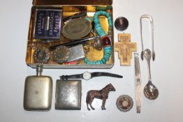 A tin containing hip flask, cigarette case, sugar