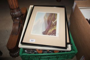 A box of miscellaneous pictures, cutlery etc.