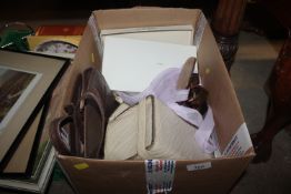 A box of vintage nightdresses, handbags, sheepskin