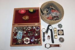 A box and a basket of various costume jewellery to