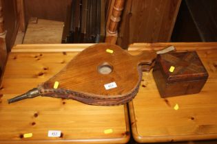 A pair of antique elm bellows and an inlaid box