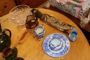 A heavy cut glass fruit bowl; a Doulton style harv