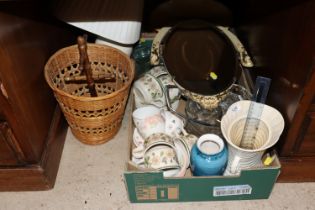 A quantity of various tea ware, a mirror, a wicker