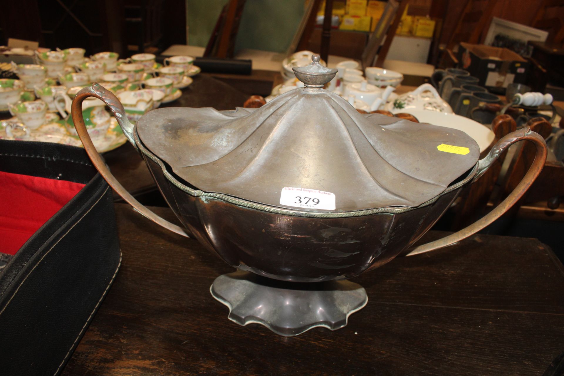 A plated soup tureen; an iron skillet and a cast i - Image 2 of 3