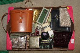 A box containing various purses, binocular case, e