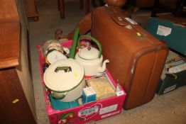 A box of miscellaneous kitchenalia; vintage suitca