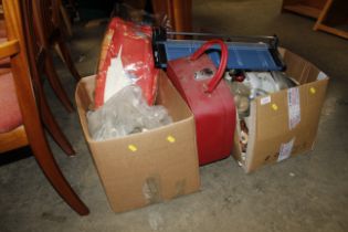 Two boxes of various kitchenalia, a guillotine and