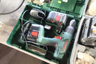 A Bosch PSB24VE-2 cordless electric drill with two