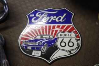 An enamelled sign for Ford Mustang / Route 66 meas