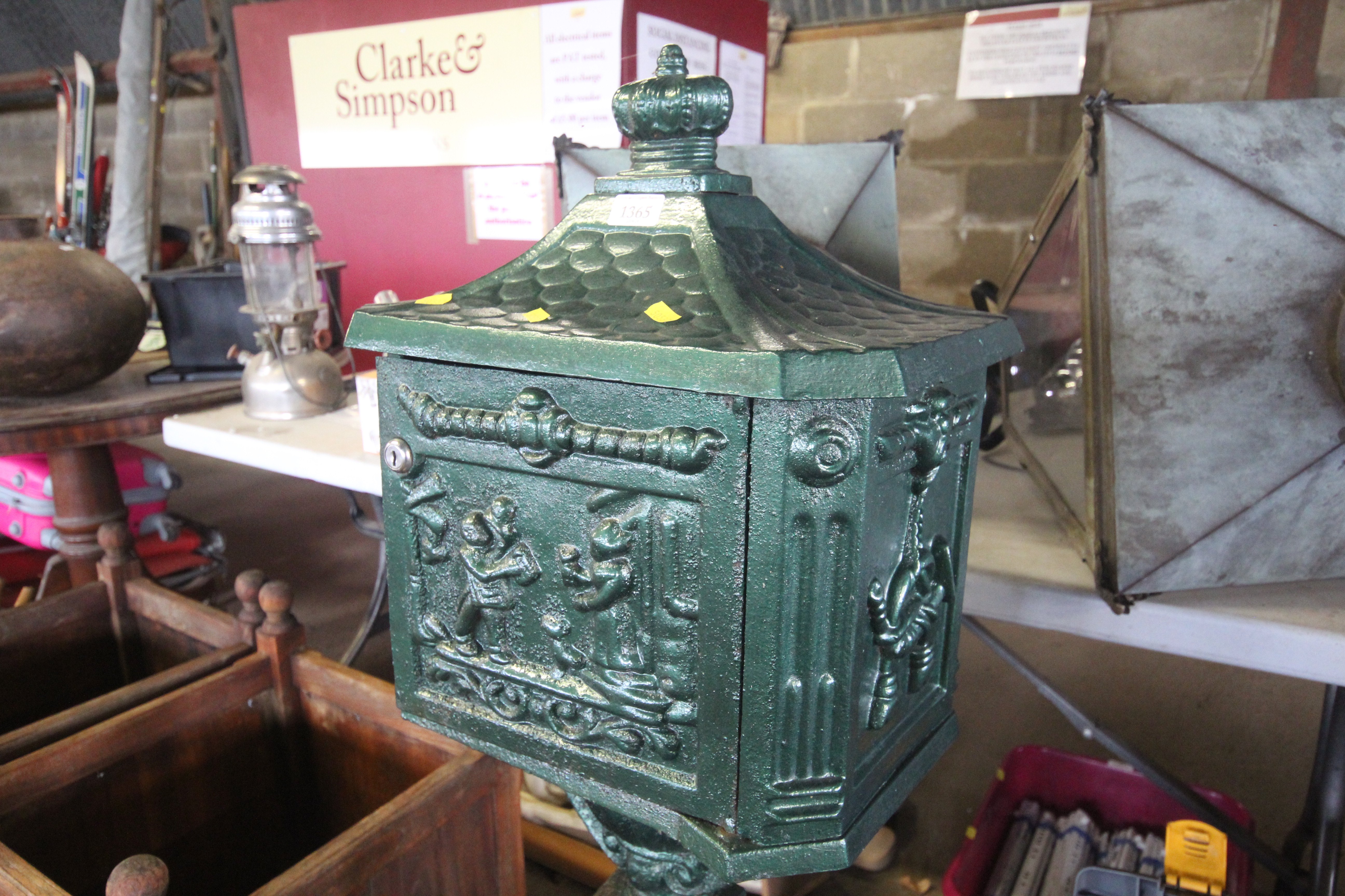 A large ornate green painted letter box on stand, - Image 2 of 3