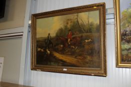 A gilt framed oil on canvas study of a hunting sce