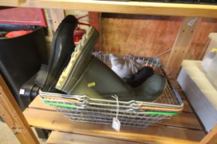 Three wire metal shopping baskets with swing handles and two pairs of Wellington boots (Size 9 & 2)