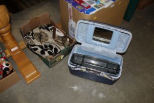 A box containing shoes, handbags and a Samsonite c