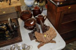 Two Denby coffee pots, two stoneware crocks, booke