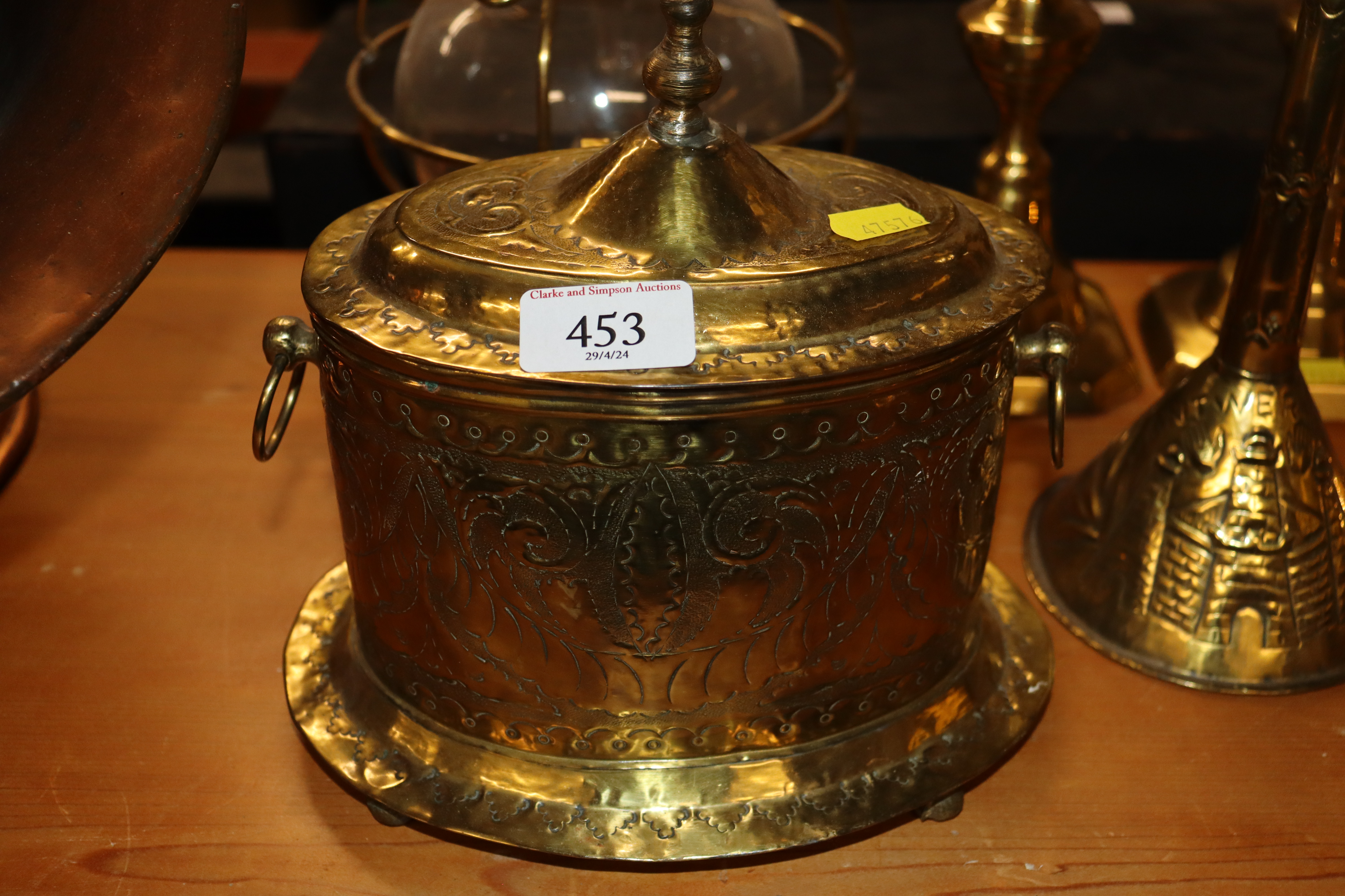 An antique copper coal scuttle; a brass engraved b - Image 2 of 5