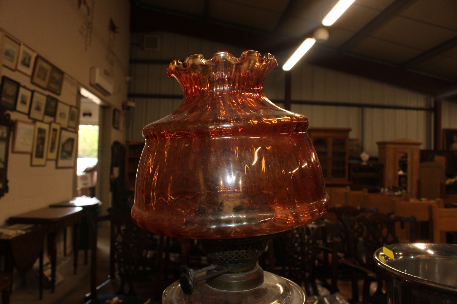 A Victorian table oil lamp supported on a brass Co - Image 5 of 6