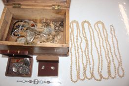 A pine box and contents of various jewellery to in
