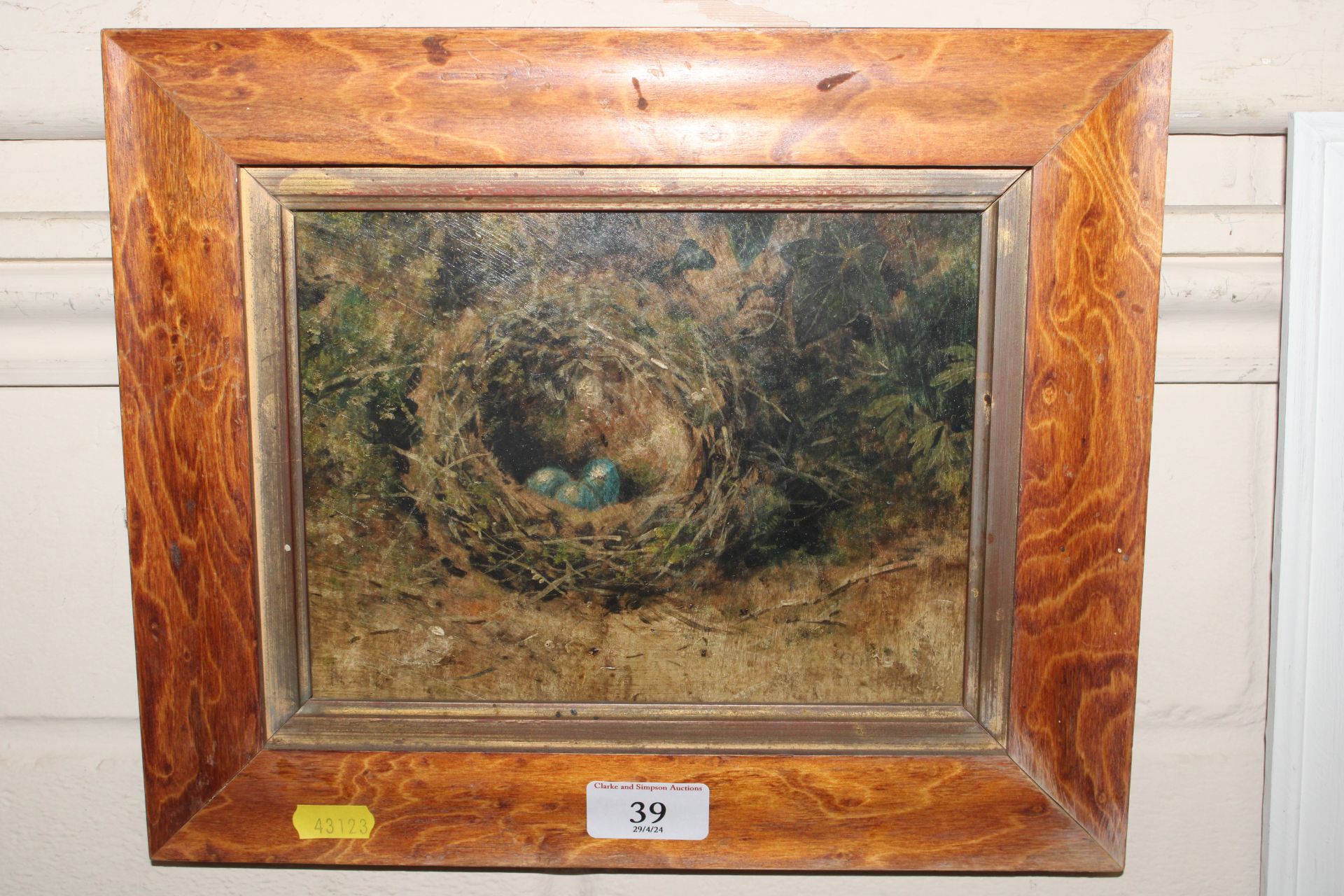 Oil on board study of a bird's nest, signed Clarke